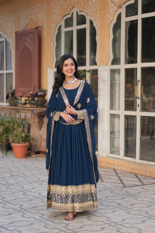 Reception Wear Teal Blue Color Faux Blooming With Embroidery Zari Sequin Work Beautiful Gown