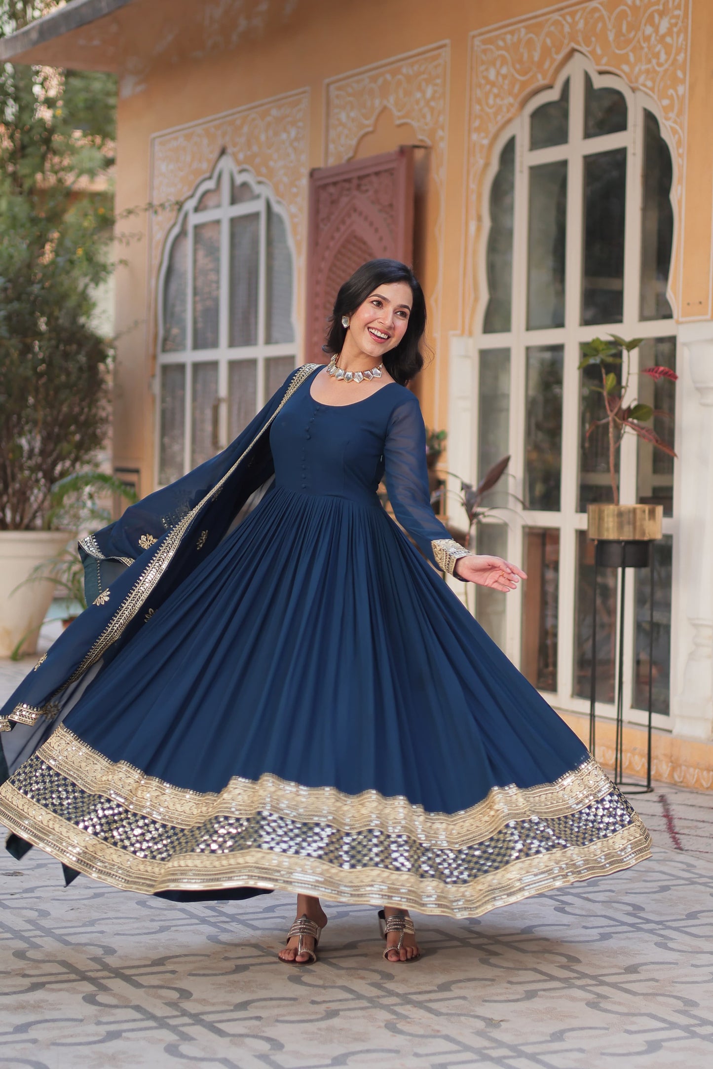 Reception Wear Teal Blue Color Faux Blooming With Embroidery Zari Sequin Work Beautiful Gown