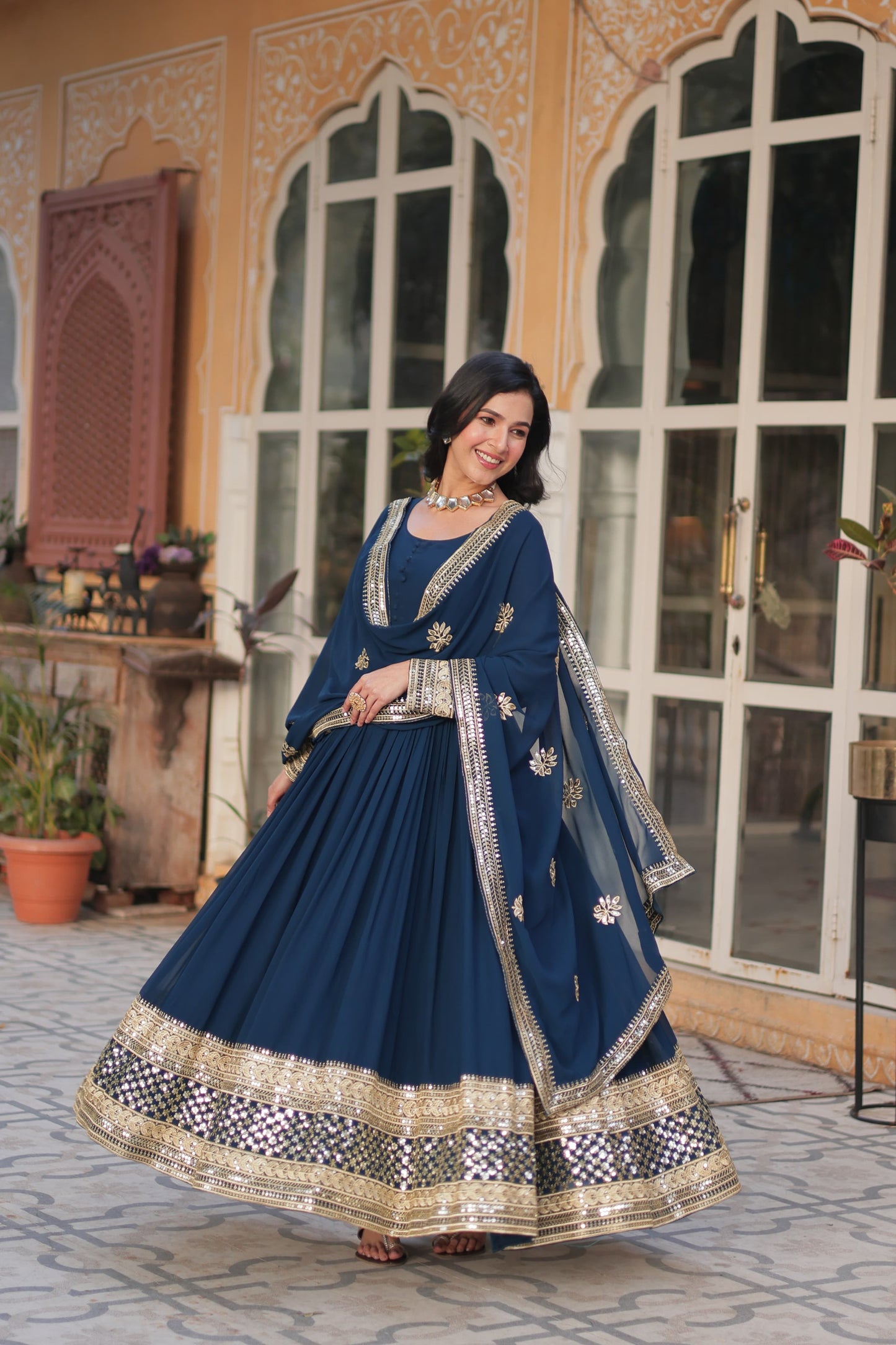 Reception Wear Teal Blue Color Faux Blooming With Embroidery Zari Sequin Work Beautiful Gown