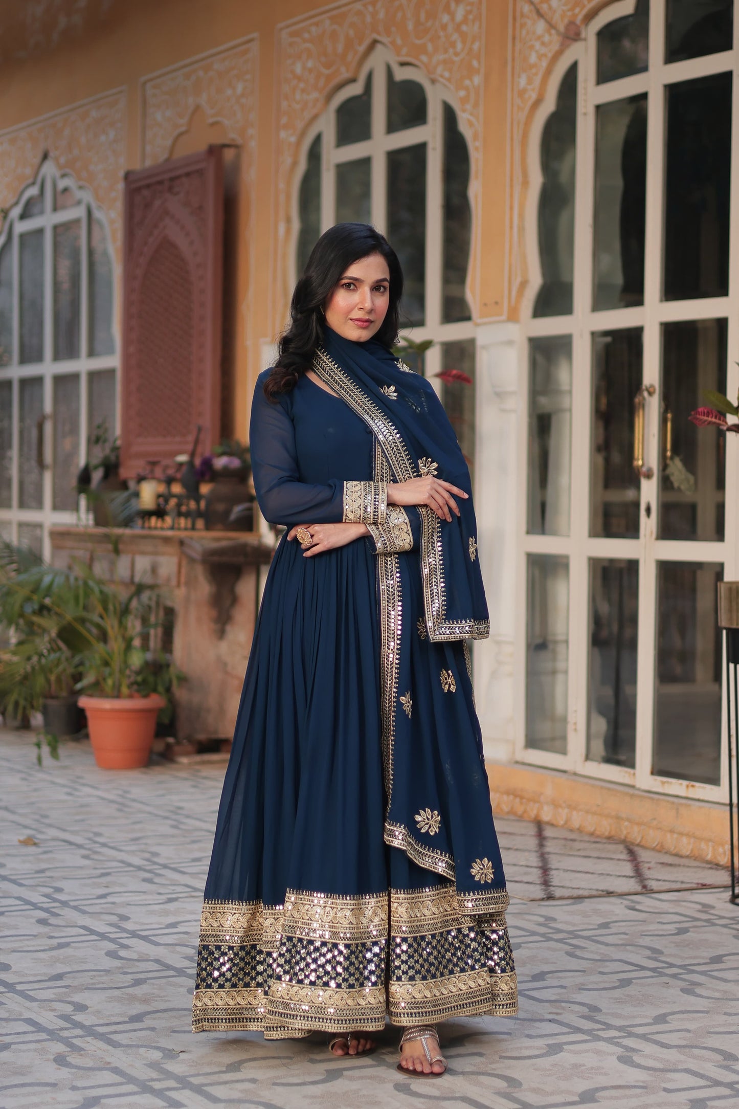 Reception Wear Teal Blue Color Faux Blooming With Embroidery Zari Sequin Work Beautiful Gown