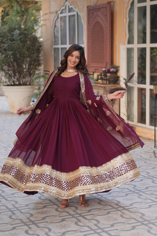 Reception Wear Maroon Color Faux Blooming With Embroidery Zari Sequin Work Beautiful Gown