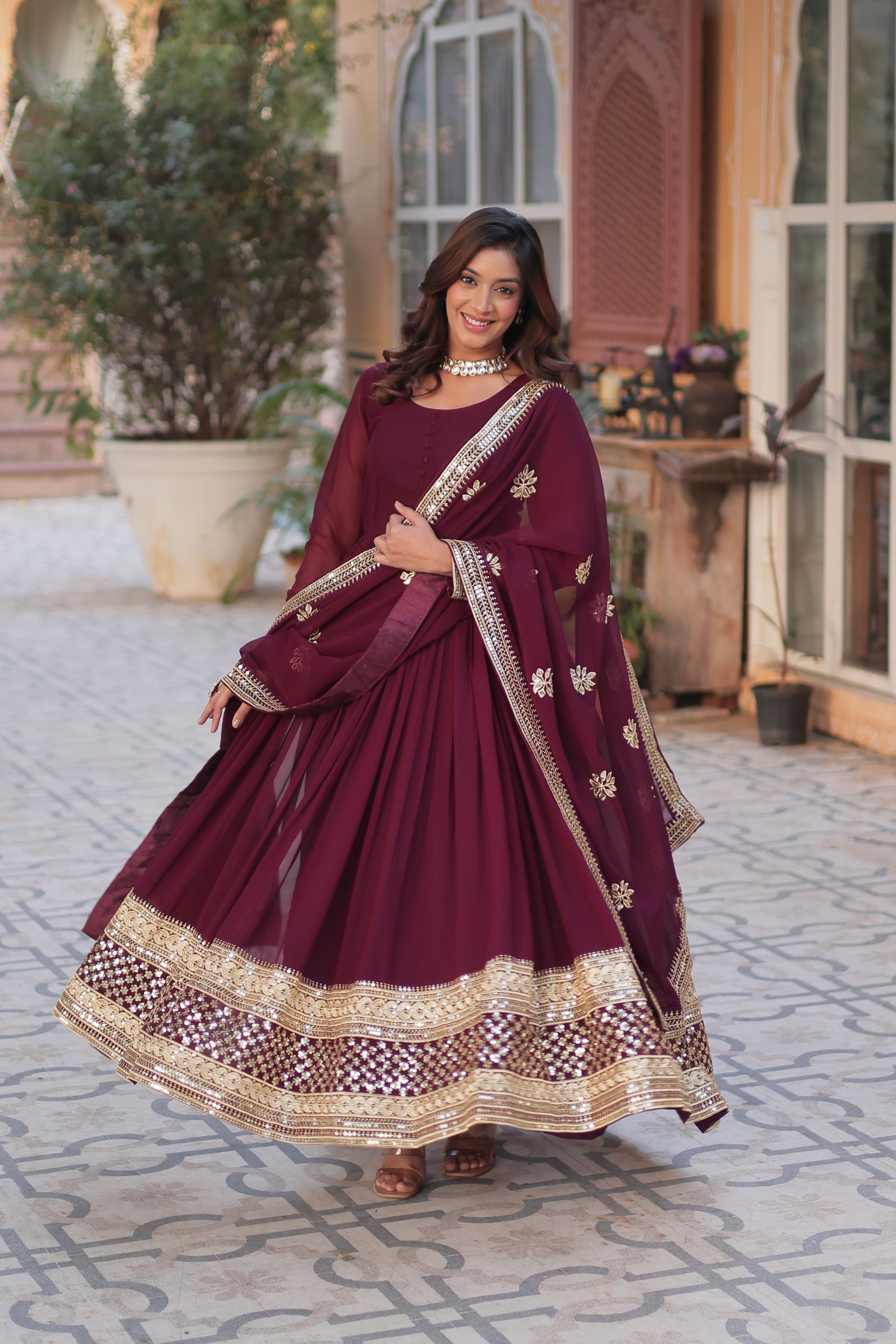 Reception Wear Maroon Color Faux Blooming With Embroidery Zari Sequin Work Beautiful Gown