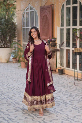 Reception Wear Maroon Color Faux Blooming With Embroidery Zari Sequin Work Beautiful Gown