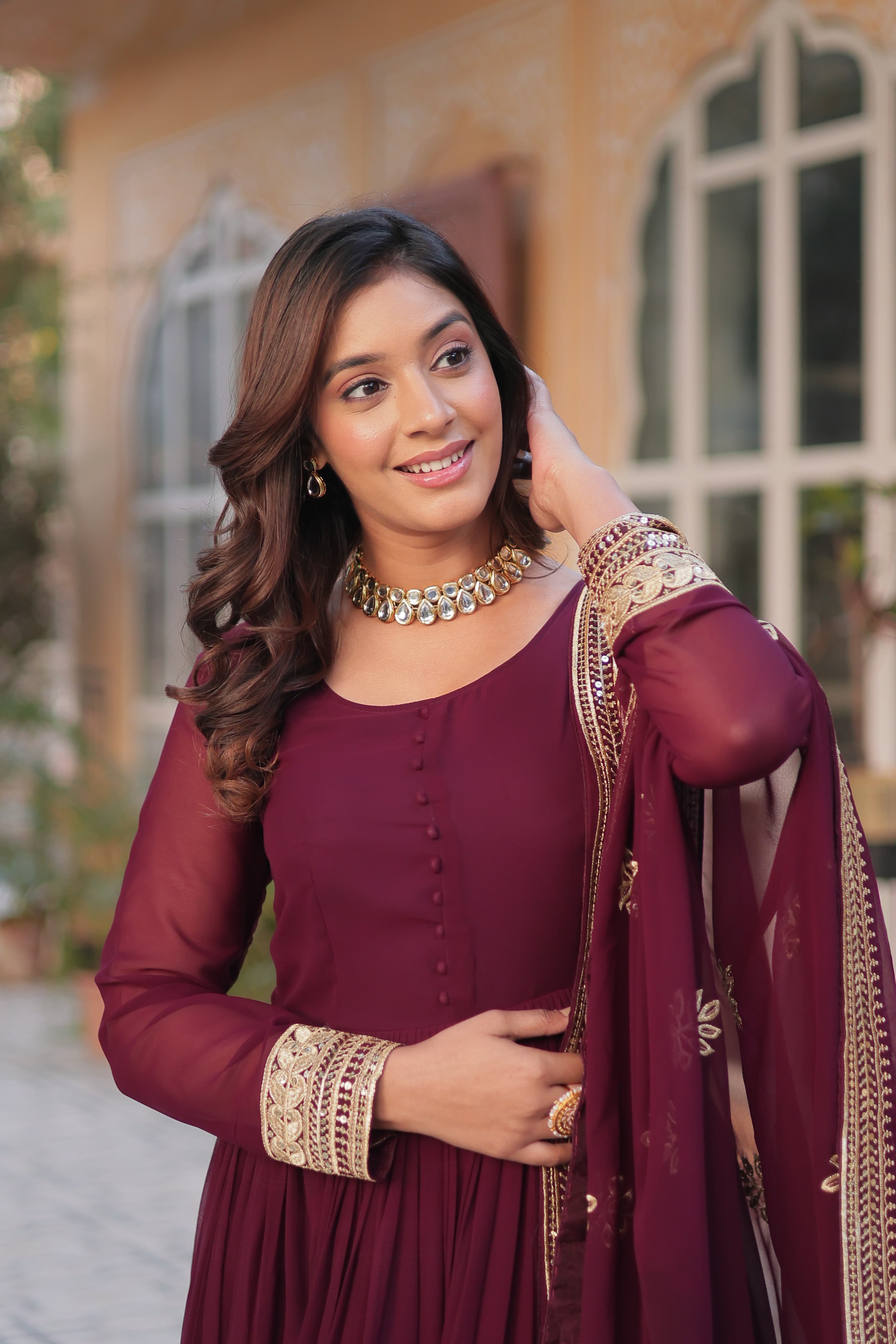 Reception Wear Maroon Color Faux Blooming With Embroidery Zari Sequin Work Beautiful Gown