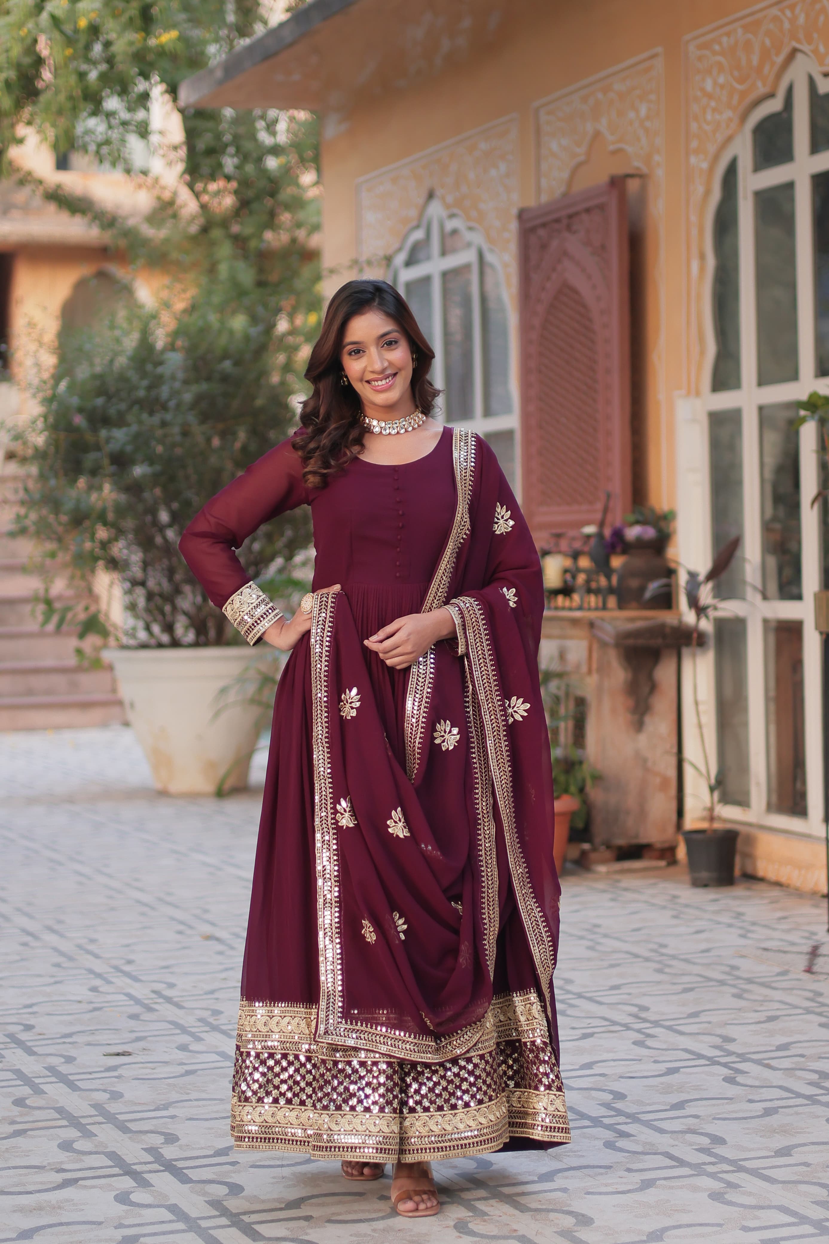 Reception Wear Maroon Color Faux Blooming With Embroidery Zari Sequin Work Beautiful Gown