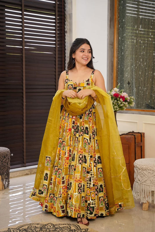 Haldi Ceremony Yellow Color Pure Jimmy Organza Silk Digital Printed Padded Designer Gown