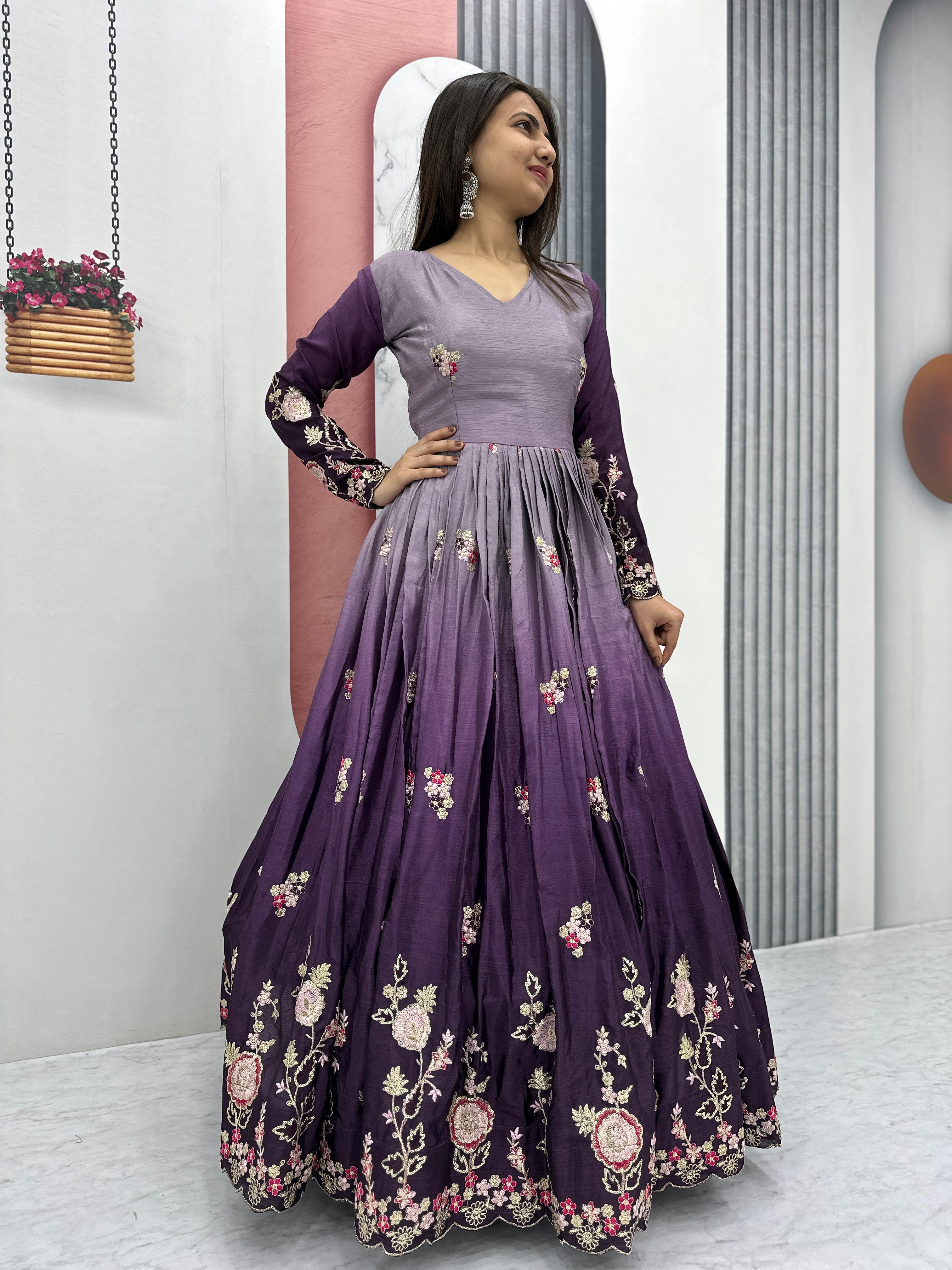 Outstanding Purple Color Chinon Heavy Embroidery Sequence Work Designer Gown