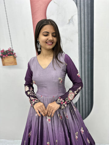Outstanding Purple Color Chinon Heavy Embroidery Sequence Work Designer Gown