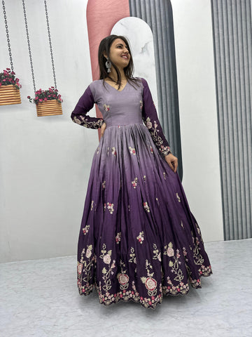 Outstanding Purple Color Chinon Heavy Embroidery Sequence Work Designer Gown