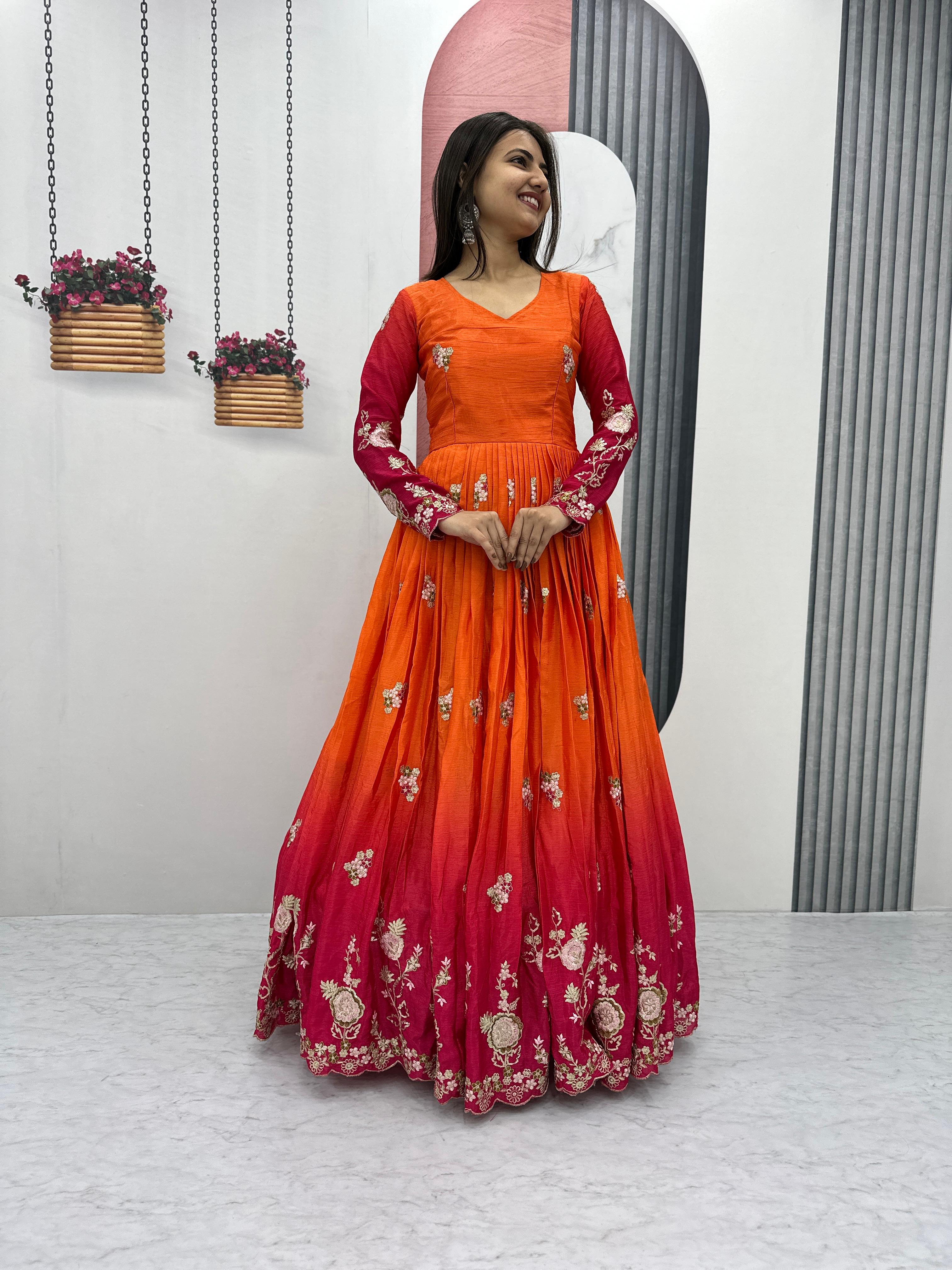 Outstanding Orange And Red Color Chinon Heavy Embroidery Sequence Work Designer Gown