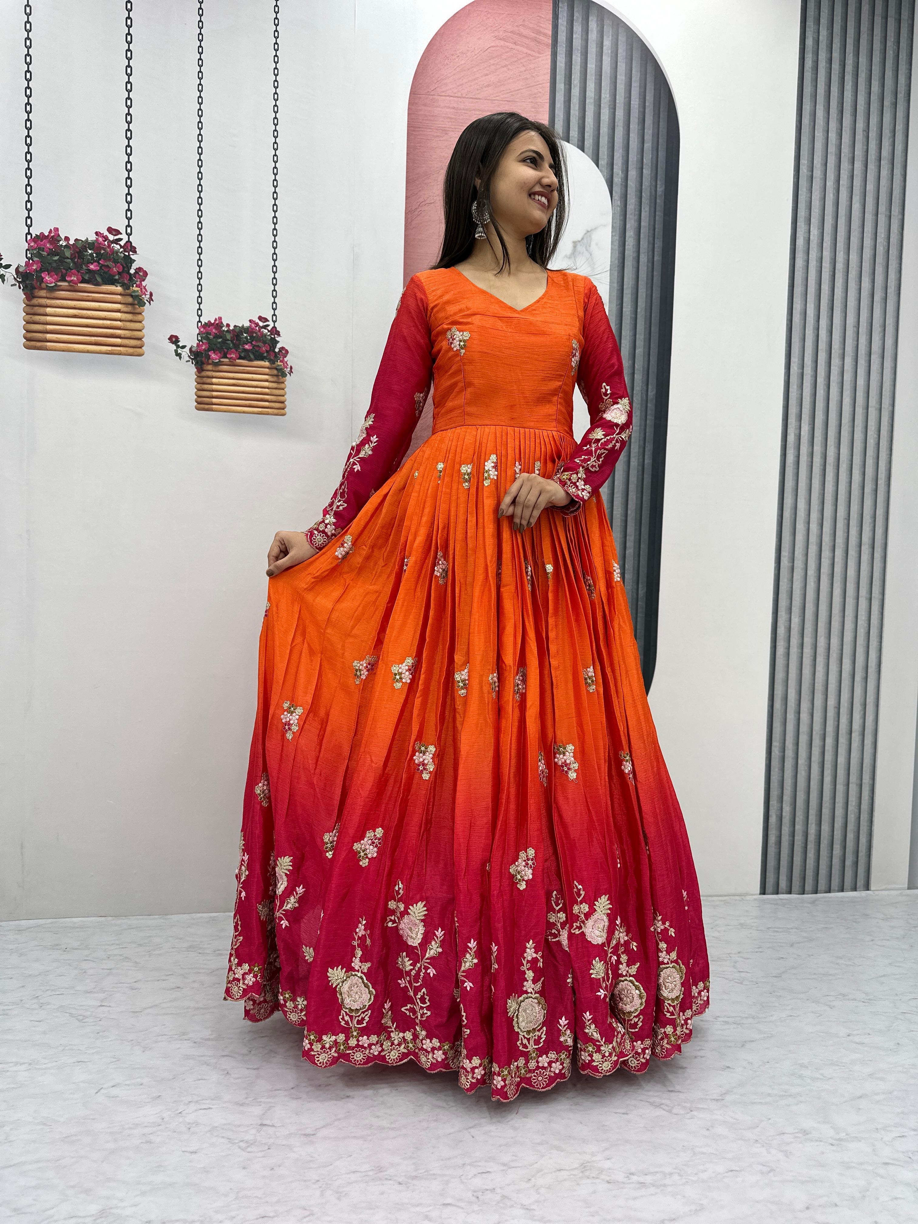 Outstanding Orange And Red Color Chinon Heavy Embroidery Sequence Work Designer Gown