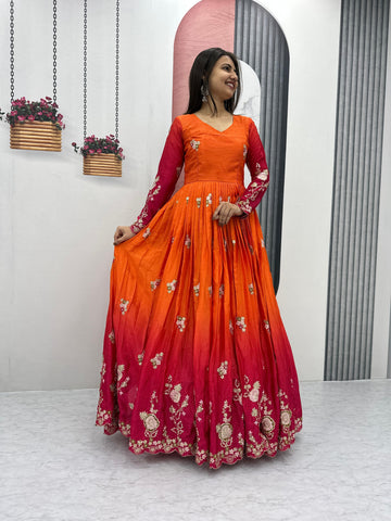 Outstanding Orange And Red Color Chinon Heavy Embroidery Sequence Work Designer Gown