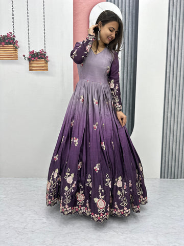 Outstanding Purple Color Chinon Heavy Embroidery Sequence Work Designer Gown