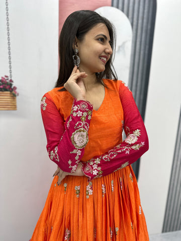 Outstanding Orange And Red Color Chinon Heavy Embroidery Sequence Work Designer Gown