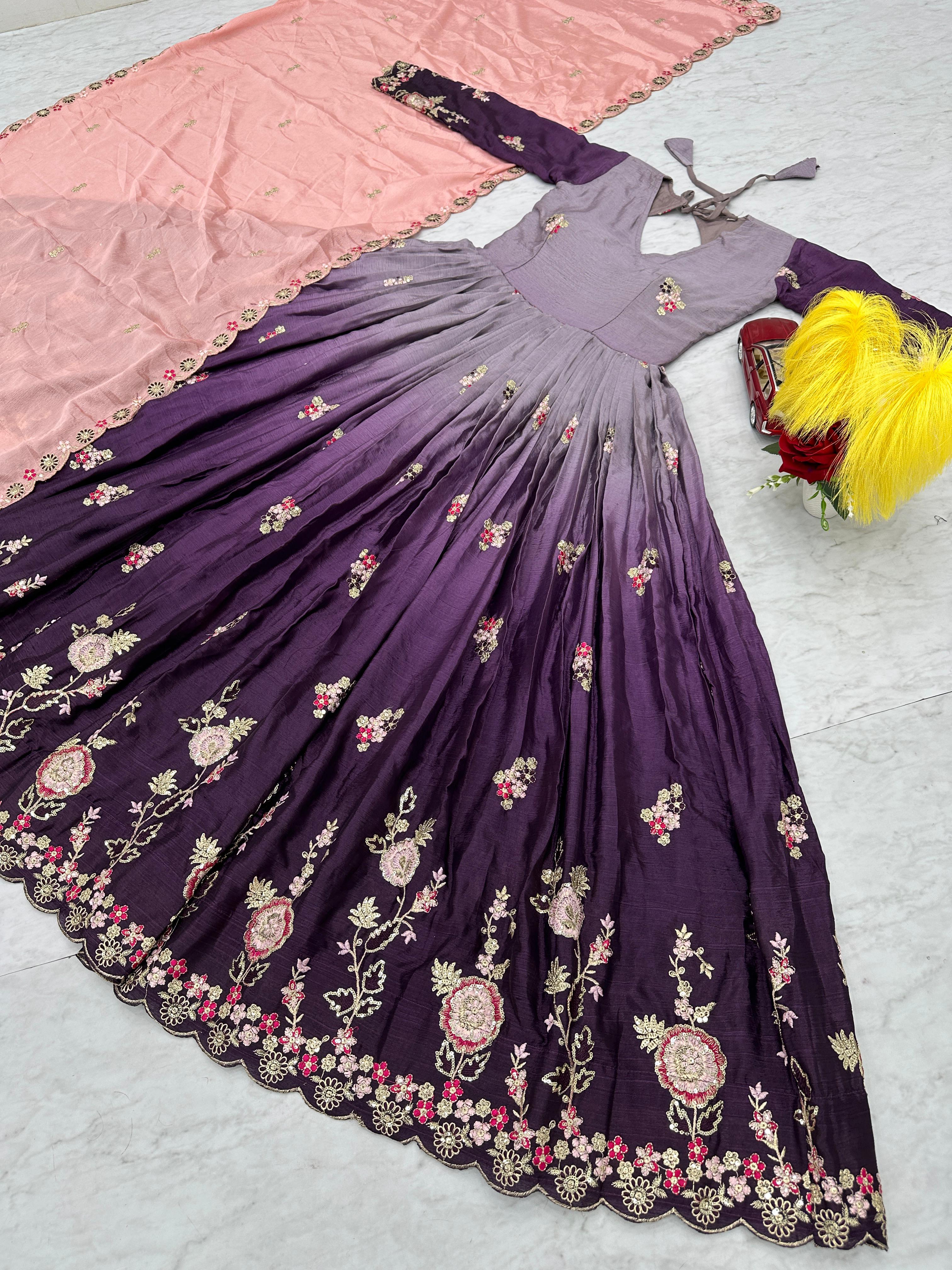 Outstanding Purple Color Chinon Heavy Embroidery Sequence Work Designer Gown