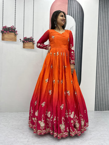 Outstanding Orange And Red Color Chinon Heavy Embroidery Sequence Work Designer Gown