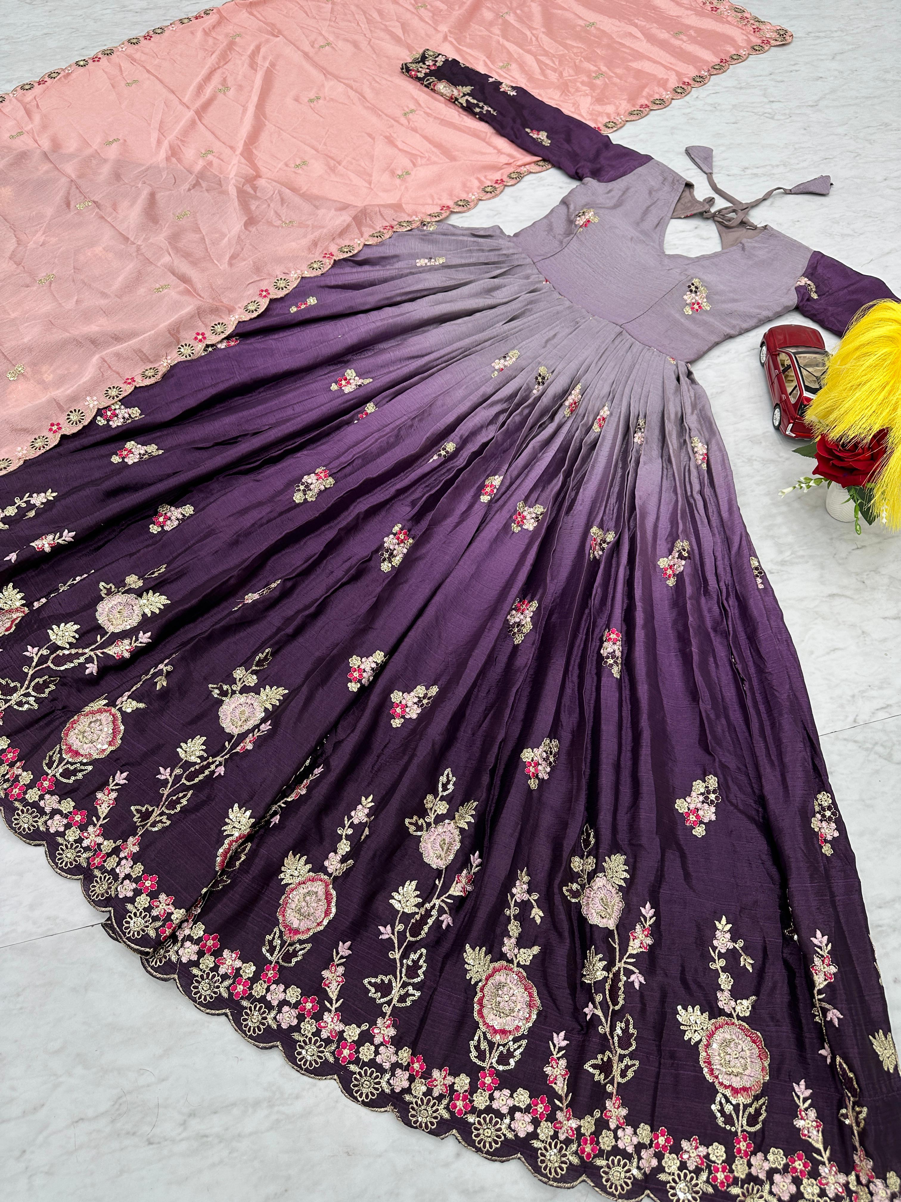 Outstanding Purple Color Chinon Heavy Embroidery Sequence Work Designer Gown