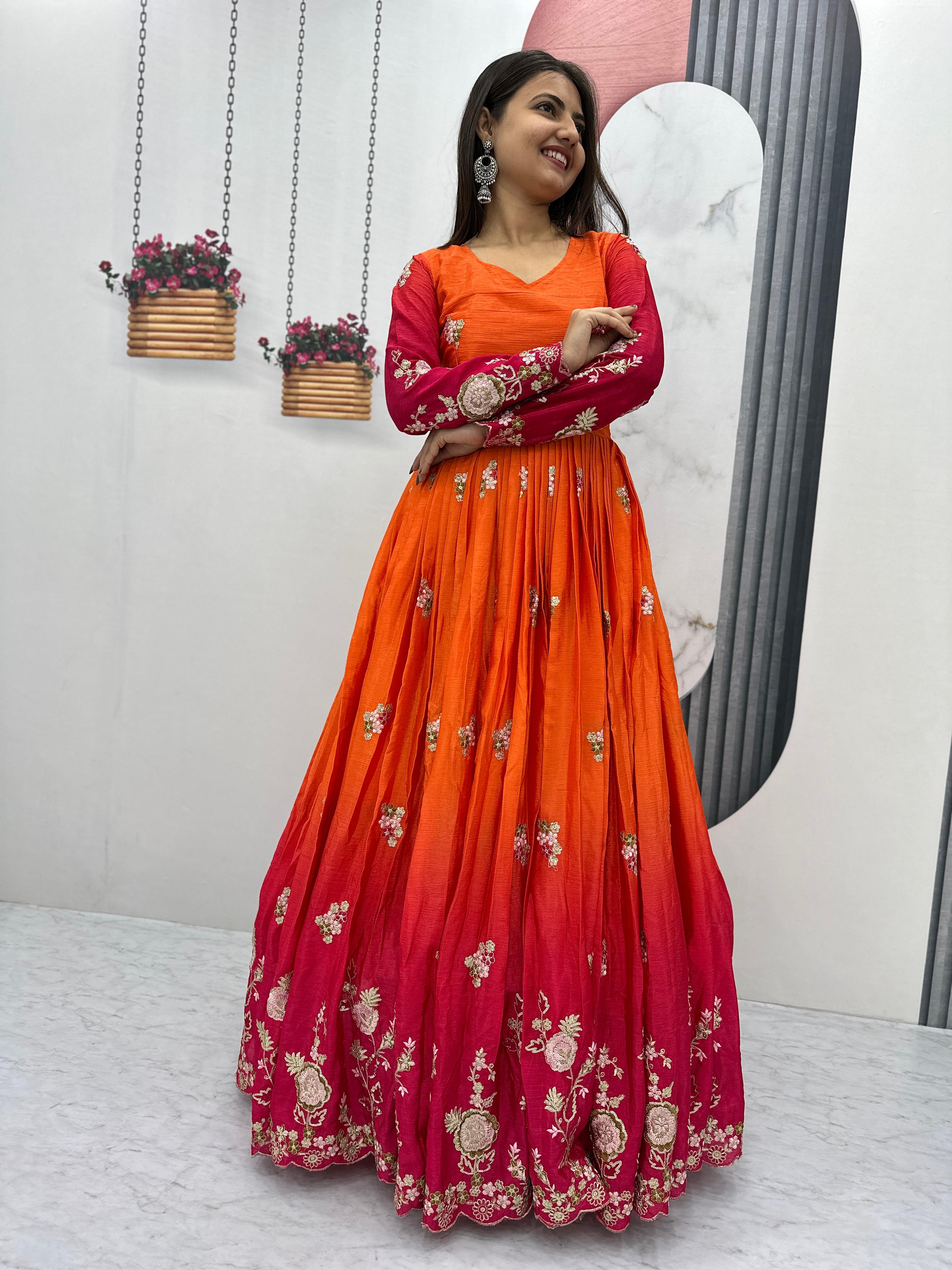 Outstanding Orange And Red Color Chinon Heavy Embroidery Sequence Work Designer Gown