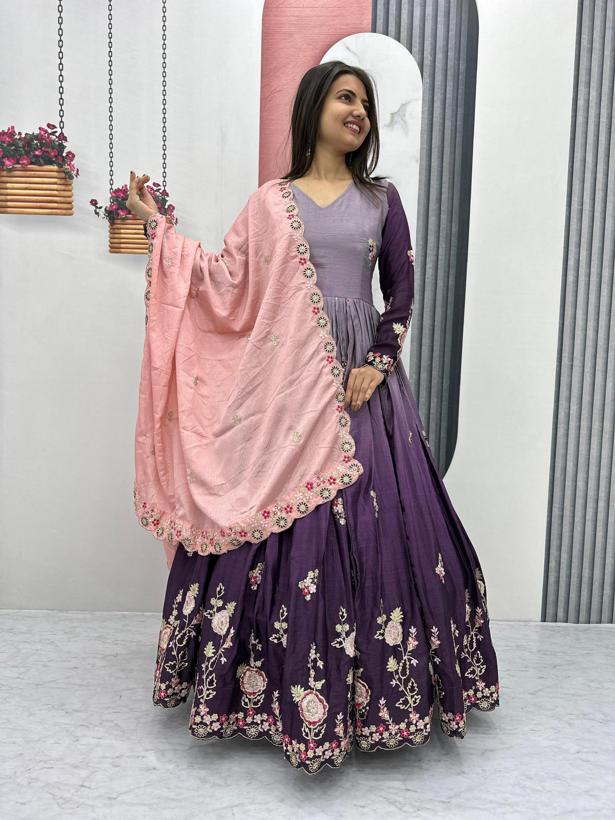 Outstanding Purple Color Chinon Heavy Embroidery Sequence Work Designer Gown