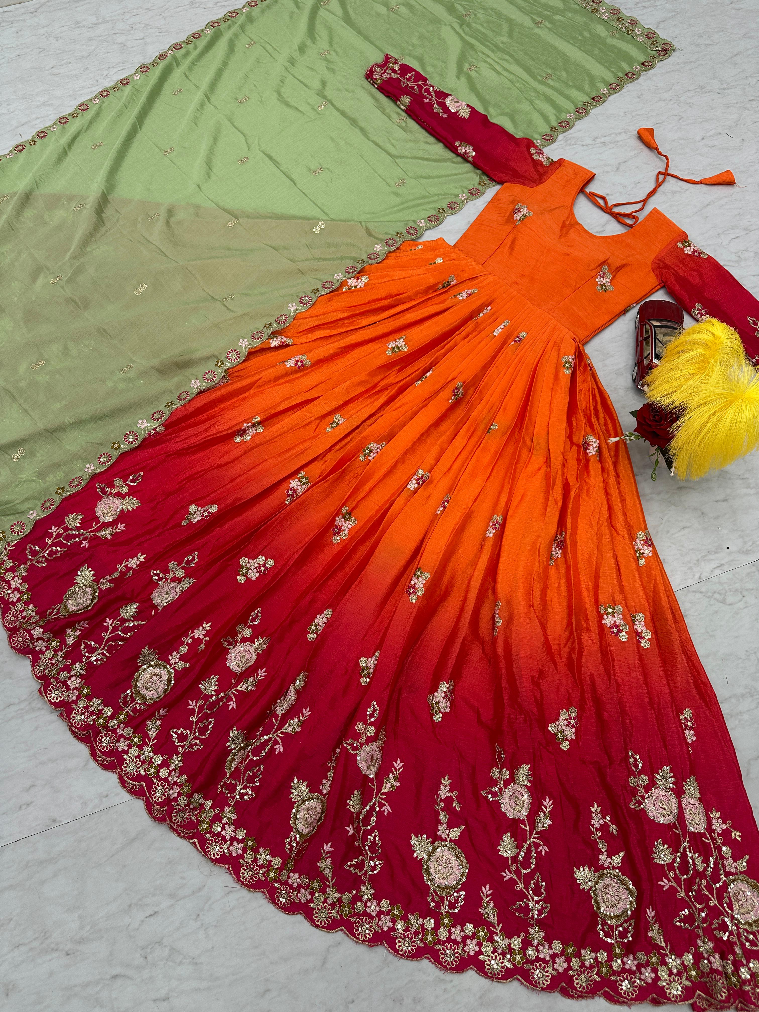 Outstanding Orange And Red Color Chinon Heavy Embroidery Sequence Work Designer Gown