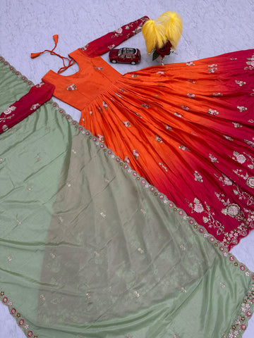 Outstanding Orange And Red Color Chinon Heavy Embroidery Sequence Work Designer Gown