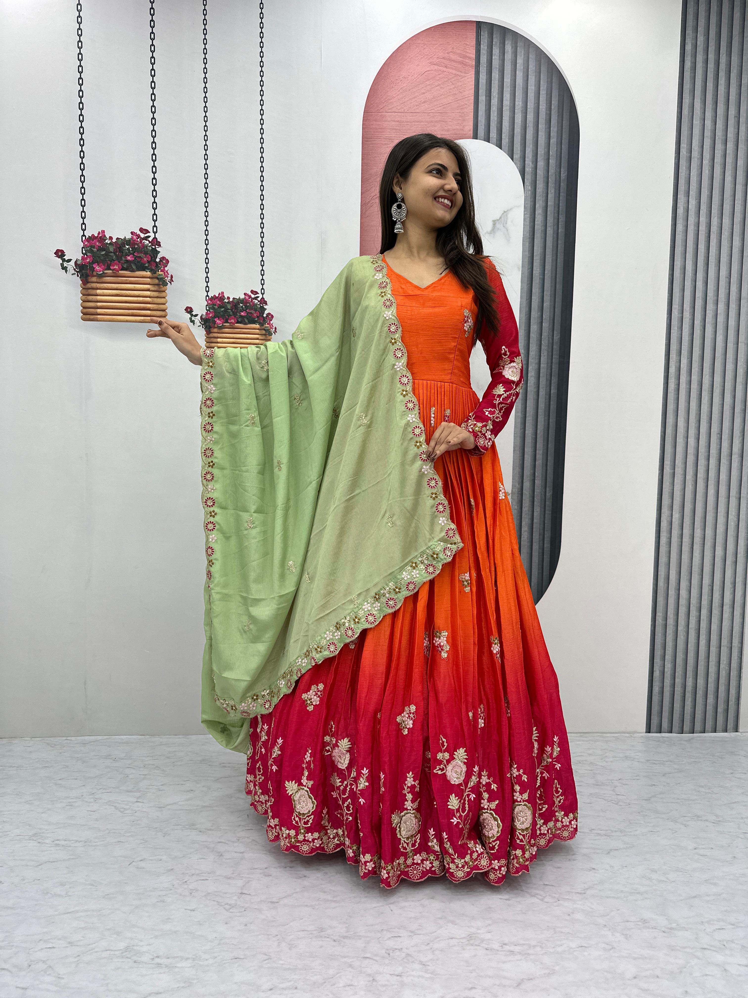 Outstanding Orange And Red Color Chinon Heavy Embroidery Sequence Work Designer Gown