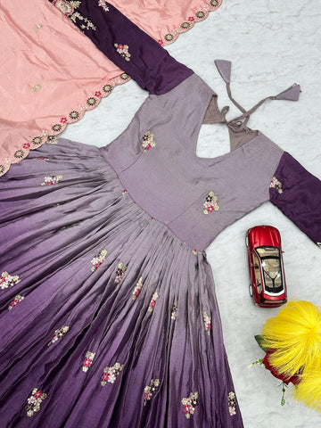 Outstanding Purple Color Chinon Heavy Embroidery Sequence Work Designer Gown