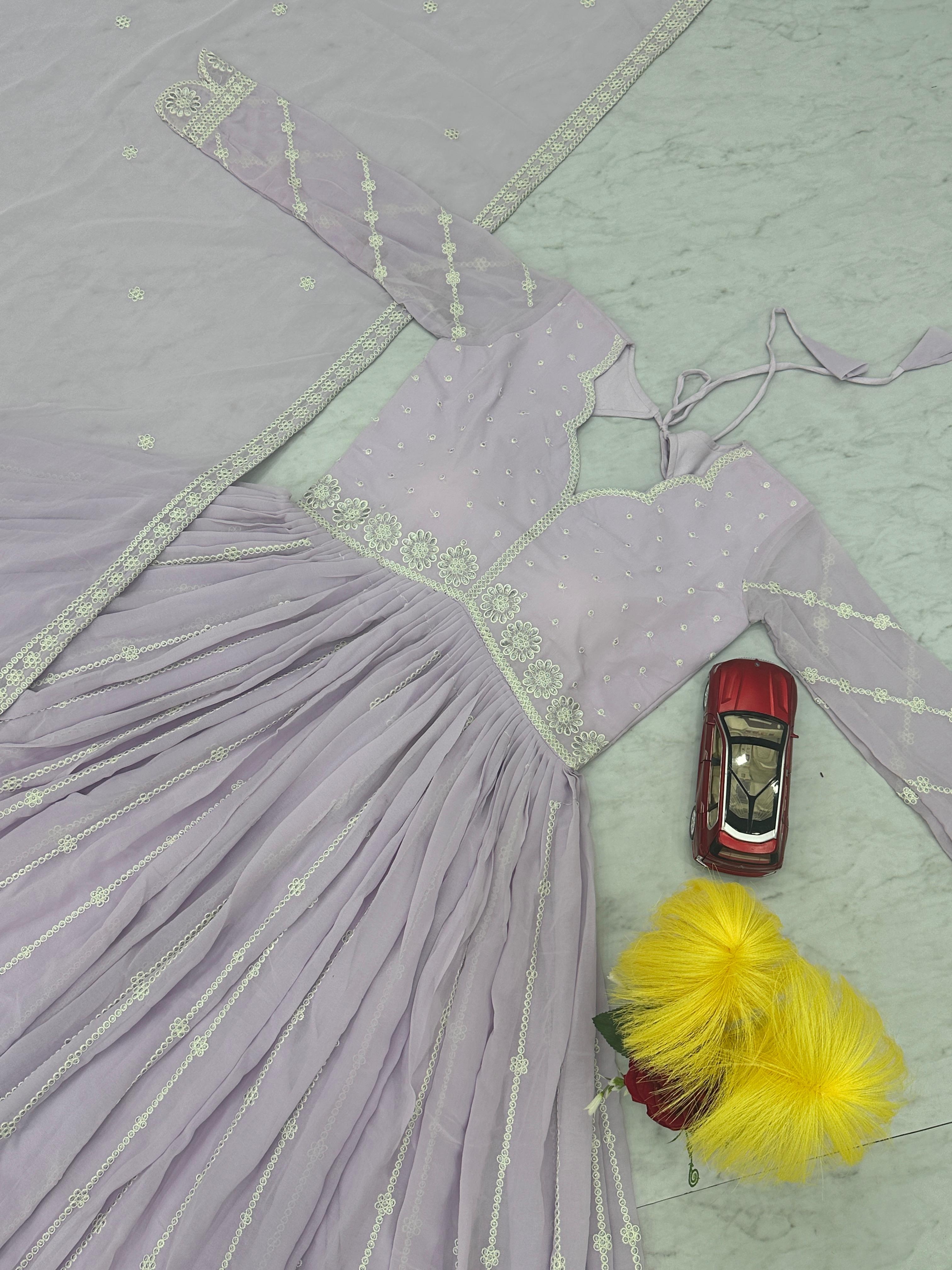 Function Wear Lavender Color Faux Georgette With Heavy Embroidery Thread Work Designer Gown