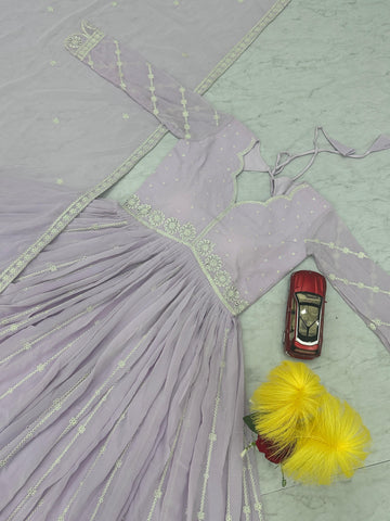 Function Wear Lavender Color Faux Georgette With Heavy Embroidery Thread Work Designer Gown