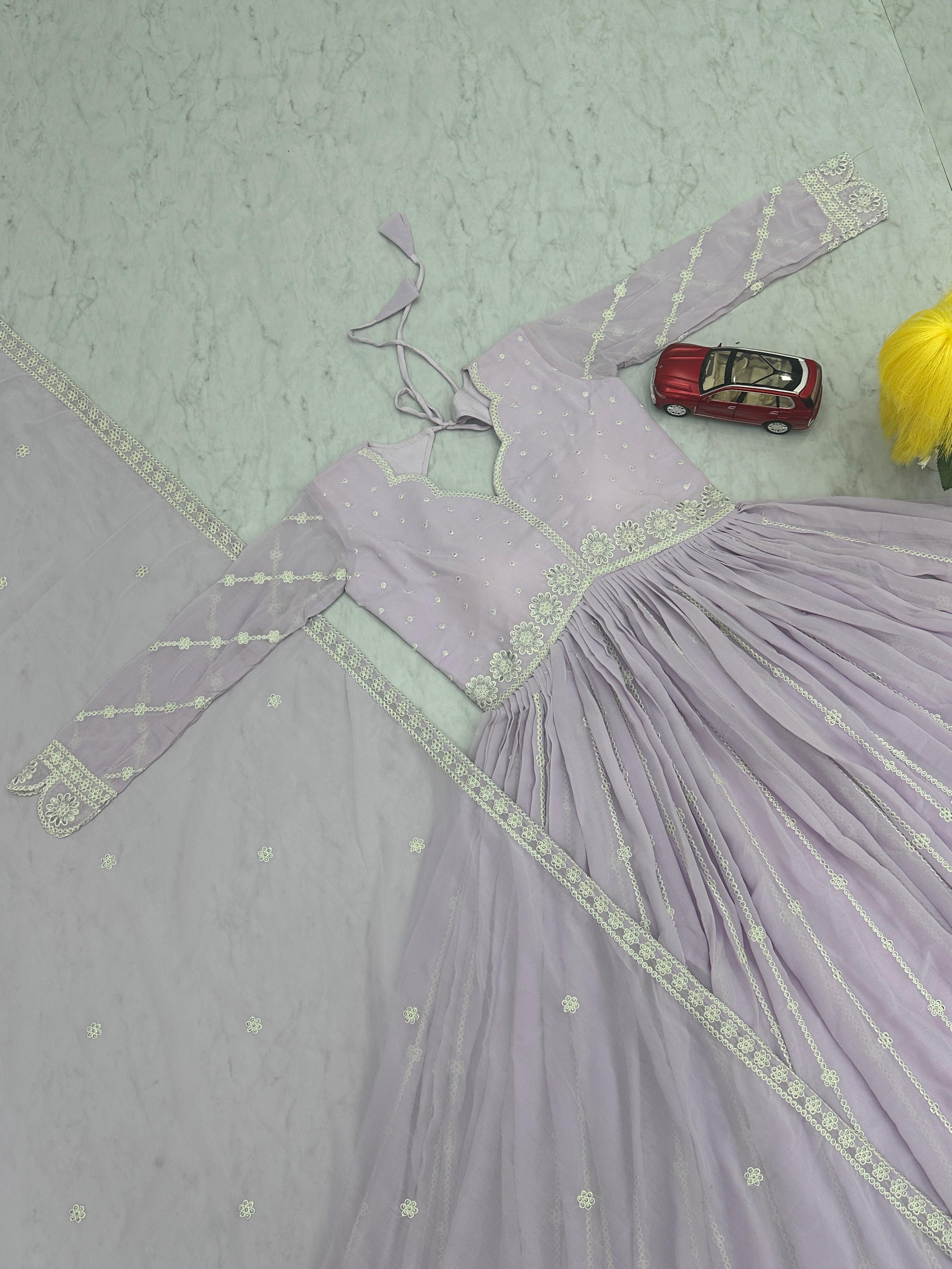 Function Wear Lavender Color Faux Georgette With Heavy Embroidery Thread Work Designer Gown