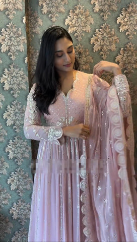 Function Wear Lavender Color Faux Georgette With Heavy Embroidery Thread Work Designer Gown