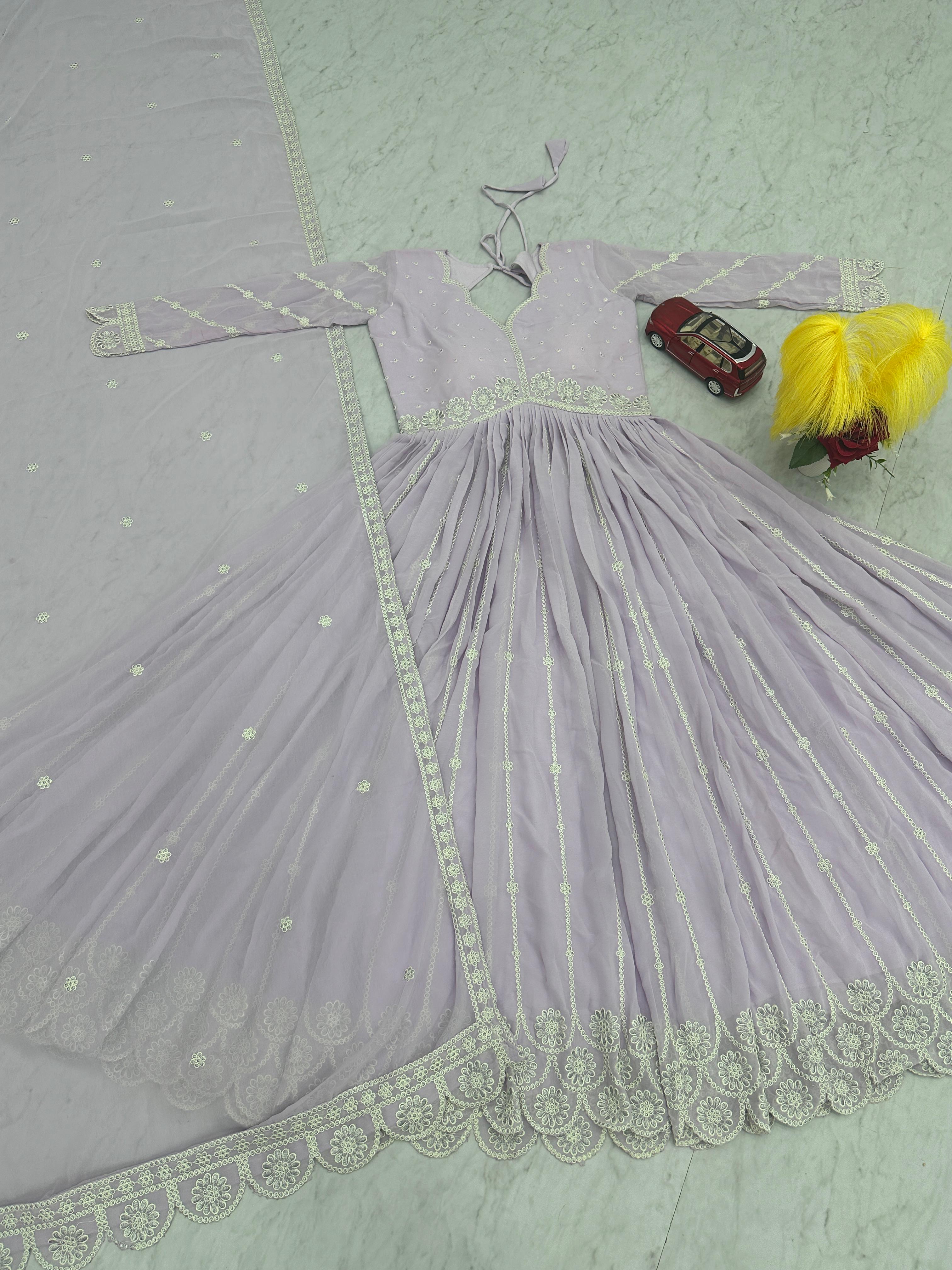 Function Wear Lavender Color Faux Georgette With Heavy Embroidery Thread Work Designer Gown