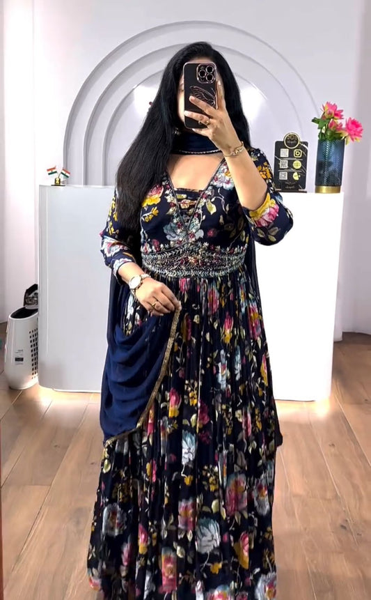 Dazzling Navy Blue Color Chinon And Digital Print With Embroidery Work Designer Gown