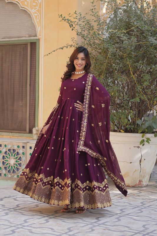Party Wear Wine Color Faux Blooming Georgette With Zari And Sequins Embroidery Beautiful Gown