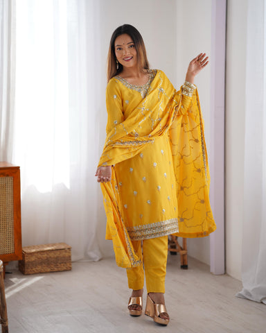 Ceremony Wear Yellow Color Chinon Silk And Thread With Sequence Work Beautiful Salwar Suit