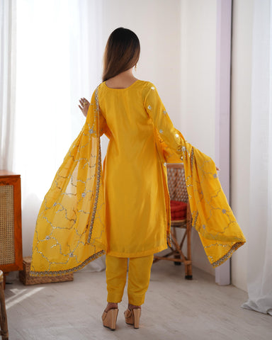 Ceremony Wear Yellow Color Chinon Silk And Thread With Sequence Work Beautiful Salwar Suit