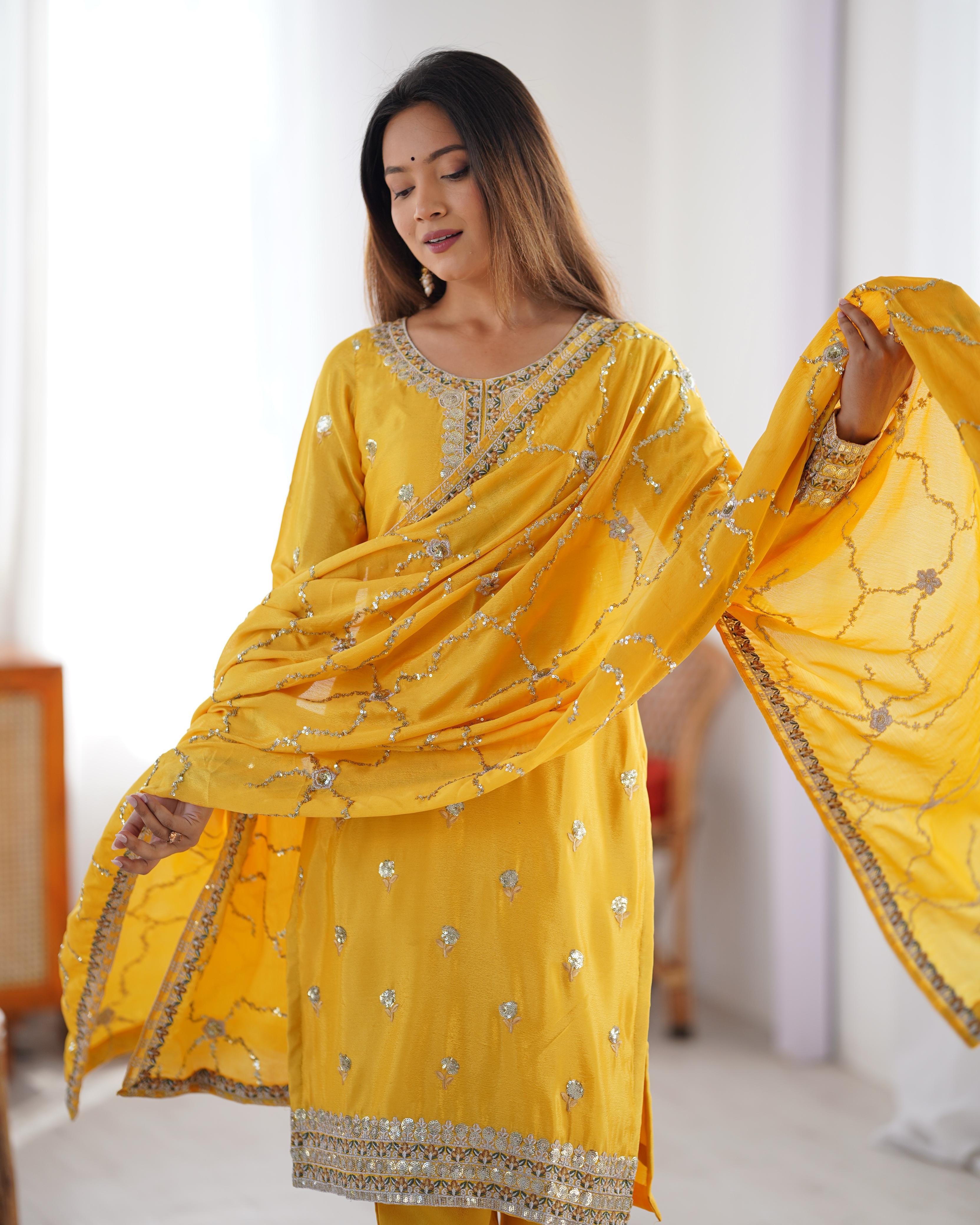 Ceremony Wear Yellow Color Chinon Silk And Thread With Sequence Work Beautiful Salwar Suit