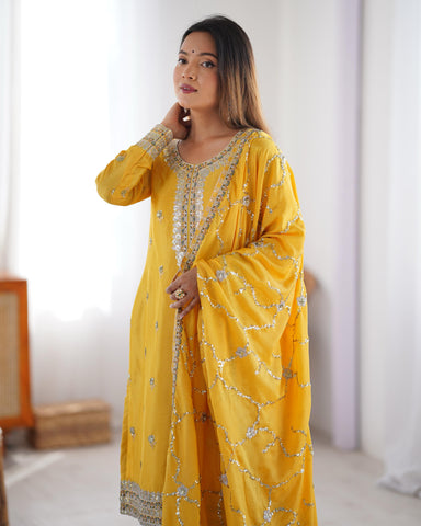 Ceremony Wear Yellow Color Chinon Silk And Thread With Sequence Work Beautiful Salwar Suit