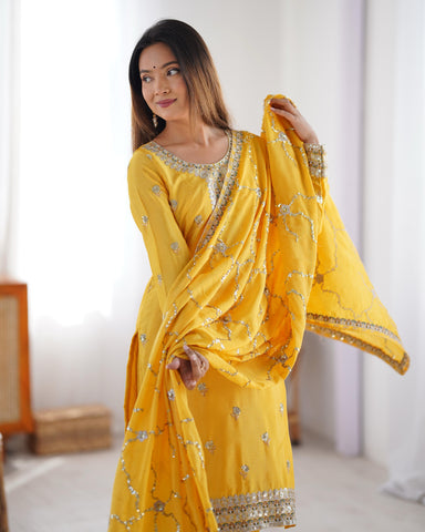 Ceremony Wear Yellow Color Chinon Silk And Thread With Sequence Work Beautiful Salwar Suit