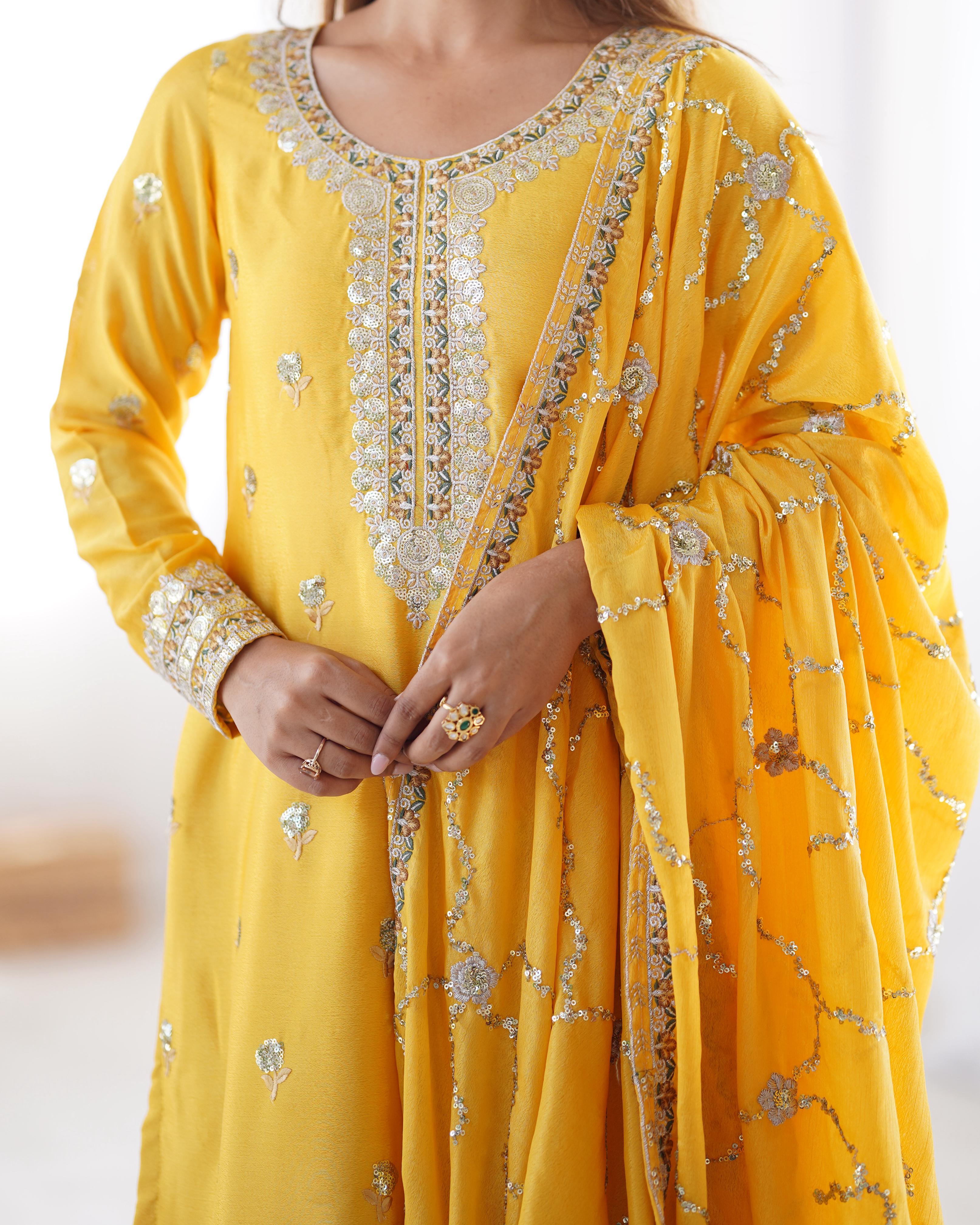 Ceremony Wear Yellow Color Chinon Silk And Thread With Sequence Work Beautiful Salwar Suit