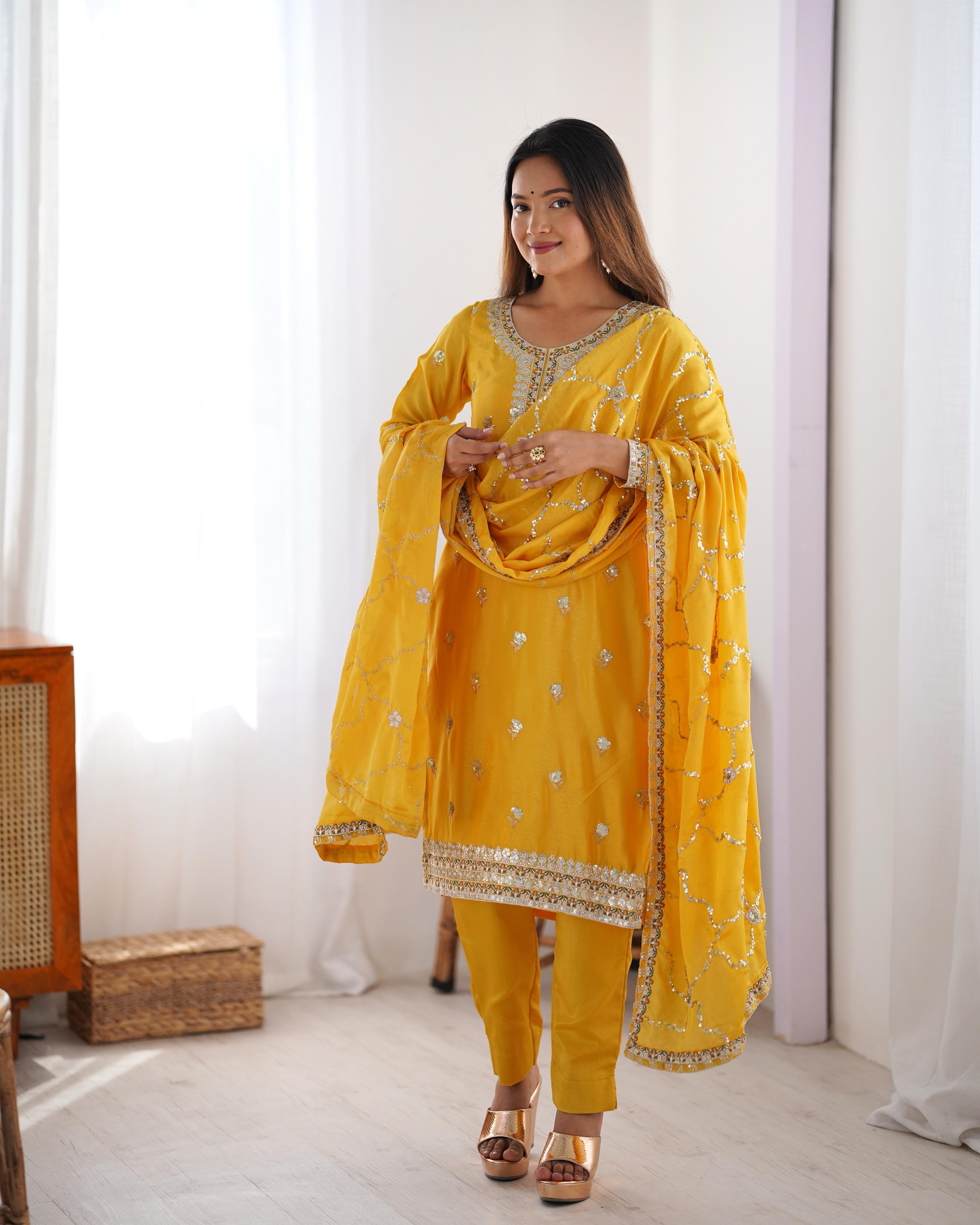 Ceremony Wear Yellow Color Chinon Silk And Thread With Sequence Work Beautiful Salwar Suit
