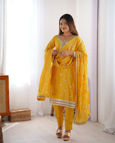 Ceremony Wear Yellow Color Chinon Silk And Thread With Sequence Work Beautiful Salwar Suit