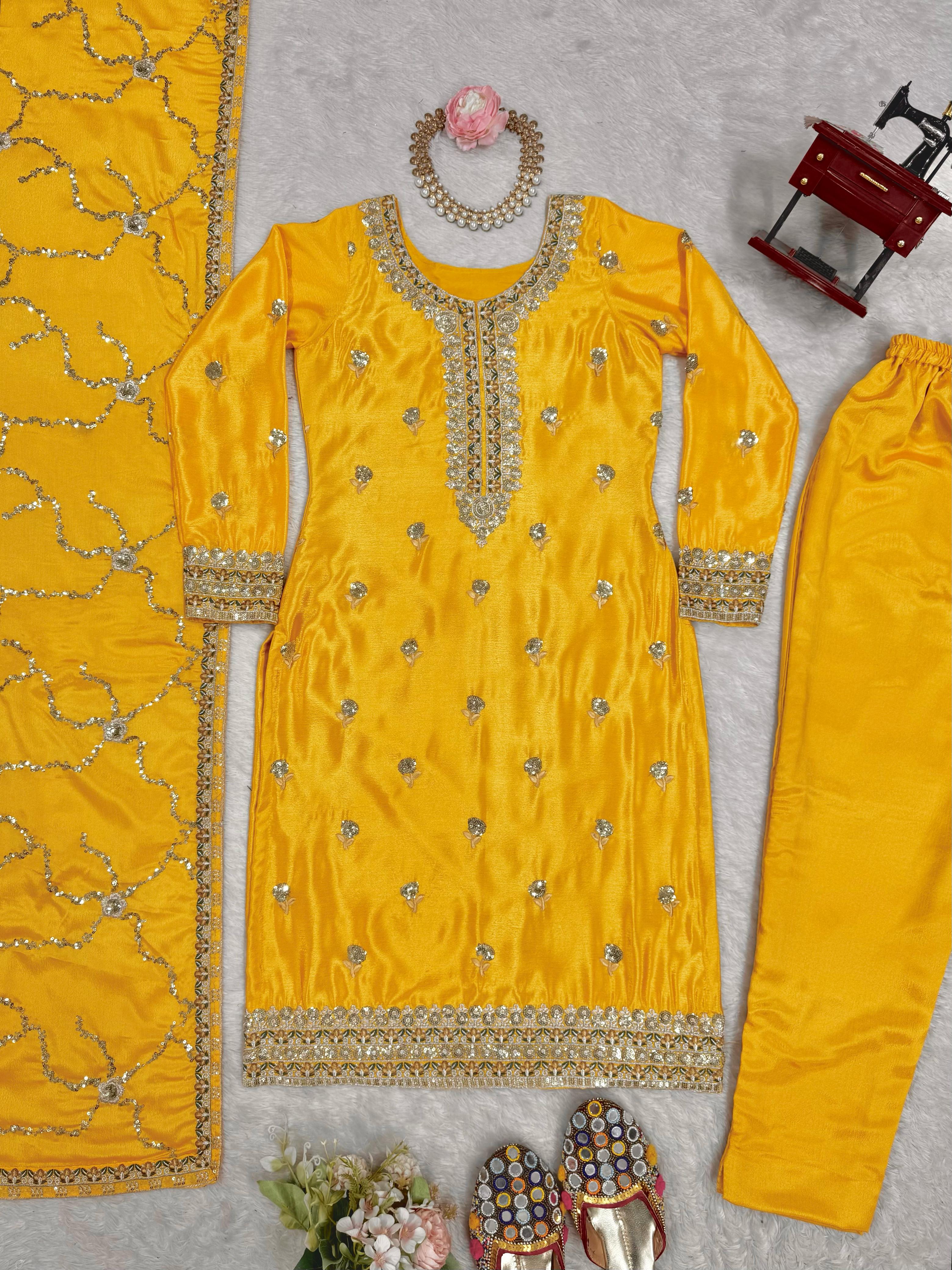 Ceremony Wear Yellow Color Chinon Silk And Thread With Sequence Work Beautiful Salwar Suit