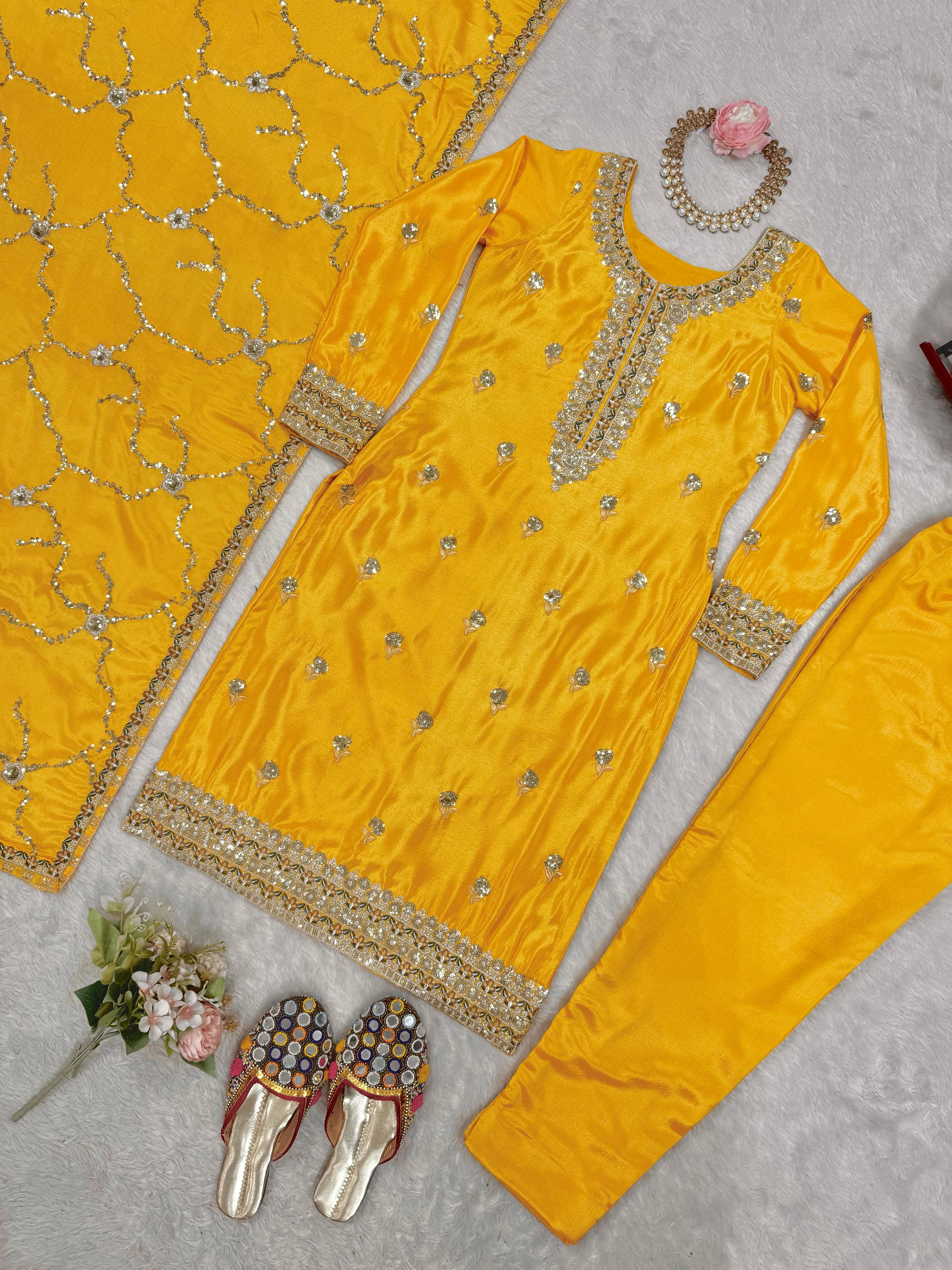 Ceremony Wear Yellow Color Chinon Silk And Thread With Sequence Work Beautiful Salwar Suit