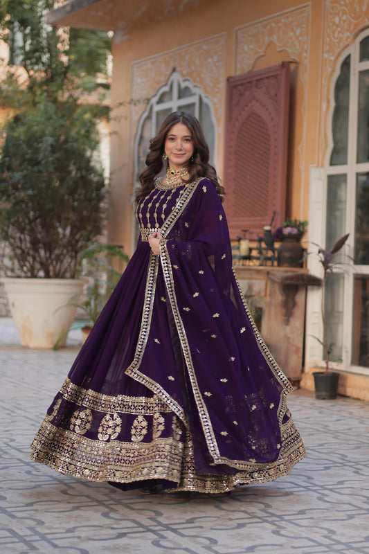 Fabulous Purple Color Faux Blooming With Embroidery Zari Sequins Work Designer Gown