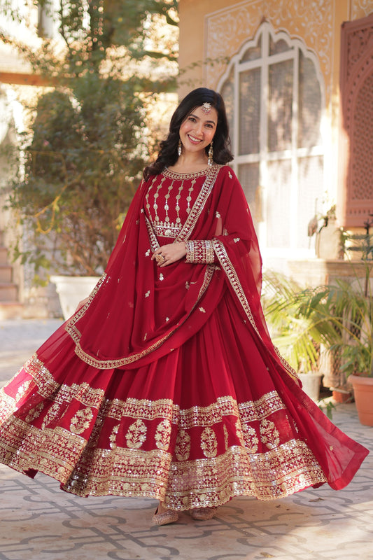 Fabulous Red Color Faux Blooming With Embroidery Zari Sequins Work Designer Gown