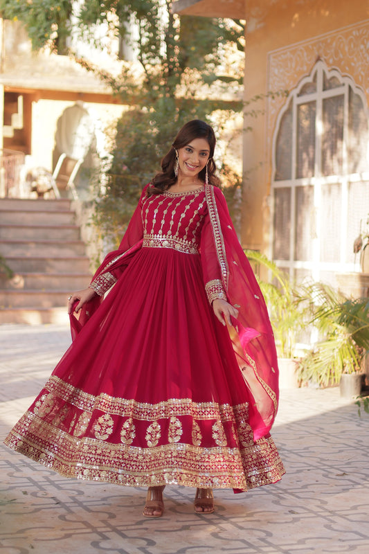 Fabulous Rani Pink Color Faux Blooming With Embroidery Zari Sequins Work Designer Gown