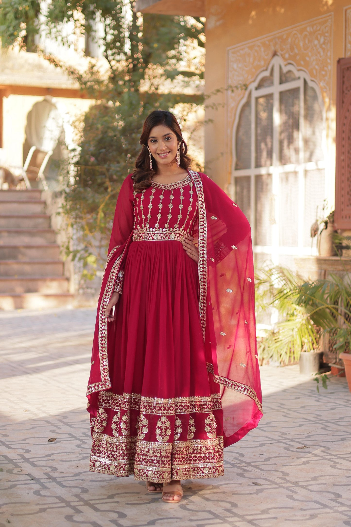 Fabulous Rani Pink Color Faux Blooming With Embroidery Zari Sequins Work Designer Gown