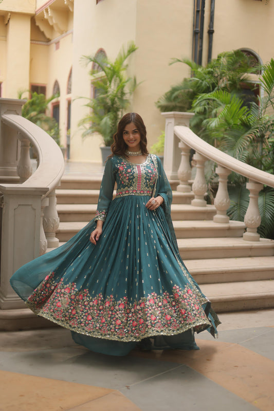 Exclusive Teal Green Color Faux Georgette With Rich Sequins Embroidered Work Kurti With Sharara