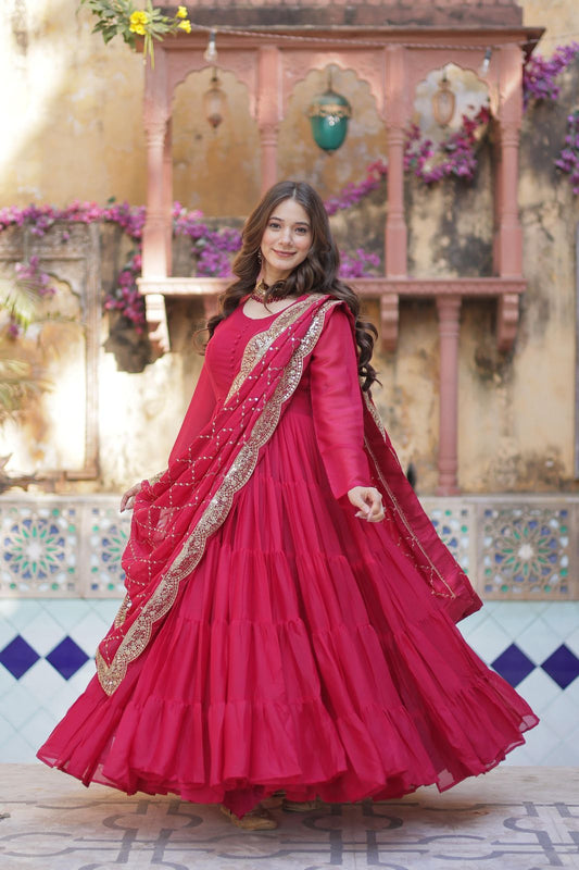 Wedding Wear Dark Pink Color Star Georgette Fully Flair Gown And Designer Embroidered Dupatta